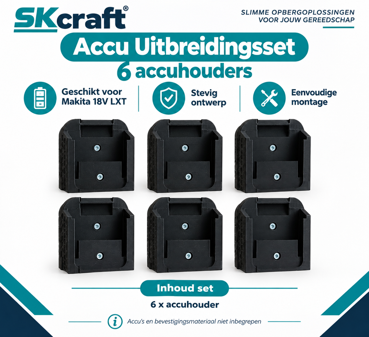SKcraft Accuhouder voor Makita 18V LXT - 6 Stuks - Zwart