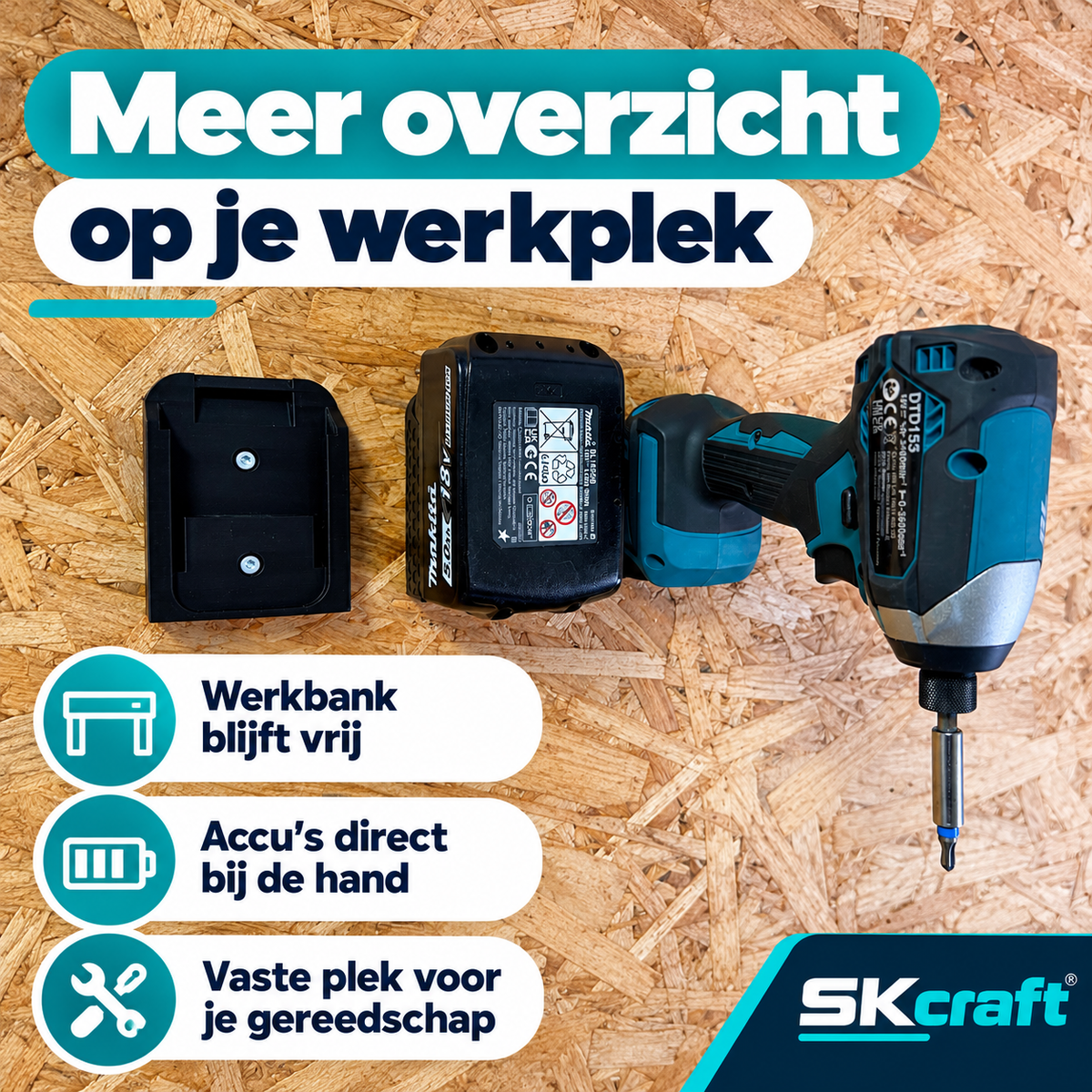 SKcraft Werkplaatsset voor Makita 18V LXT - 2 Machinehouders + 4 Accuhouders - Zwart