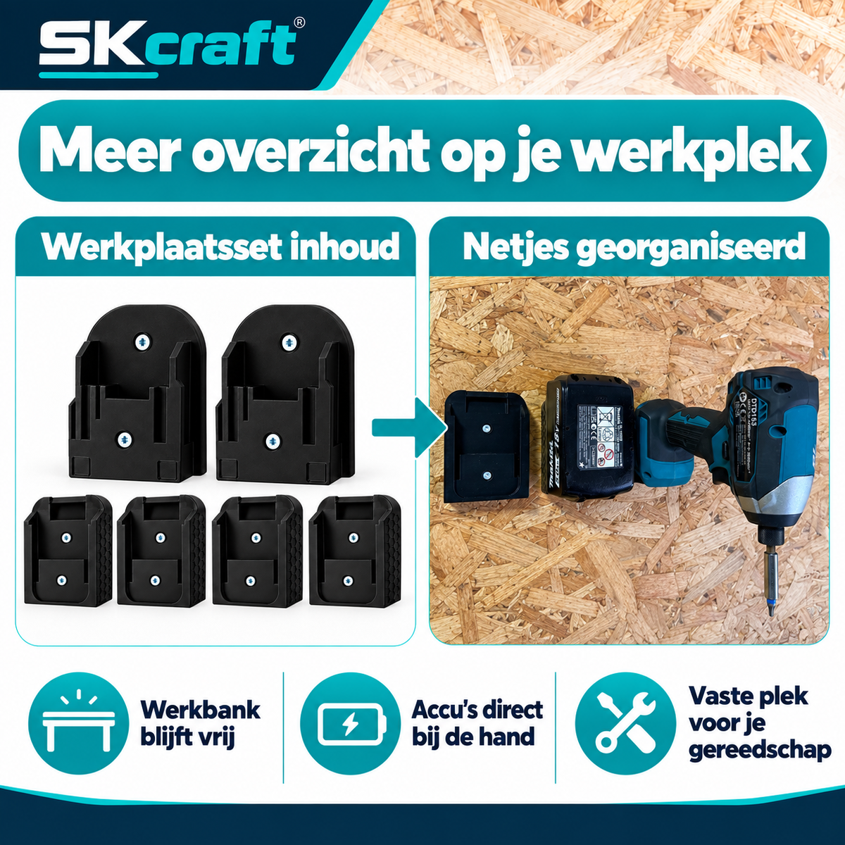 SKcraft Werkplaatsset voor Makita 18V LXT - 2 Machinehouders + 4 Accuhouders - Zwart